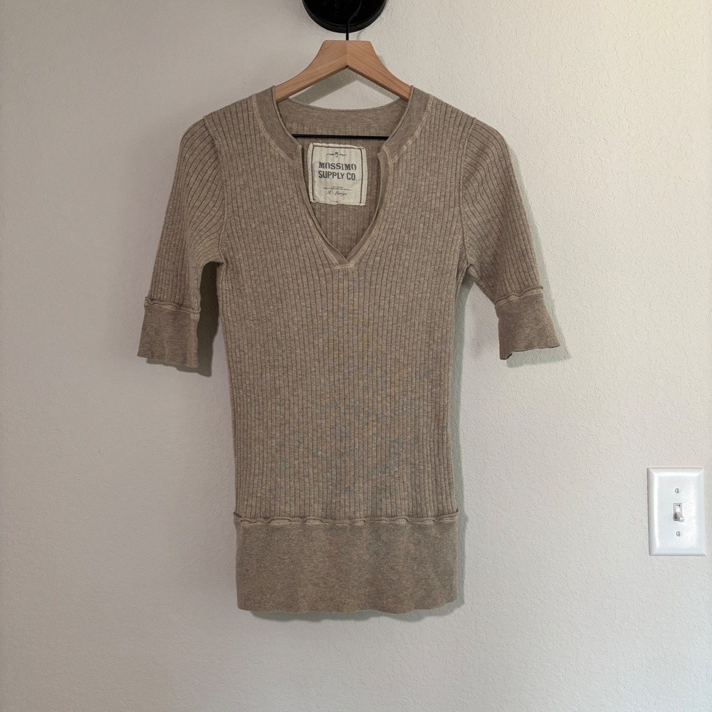 Mossimo Supply Co Top XL 100% Cotton Ribbed Tan V-Neck Earthy Minimalist